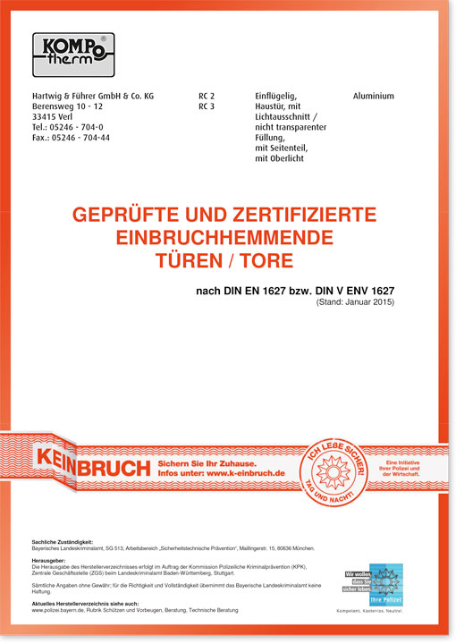 Zertifikat zu einbruchhemmenden Türen vom KOMPOtherm.